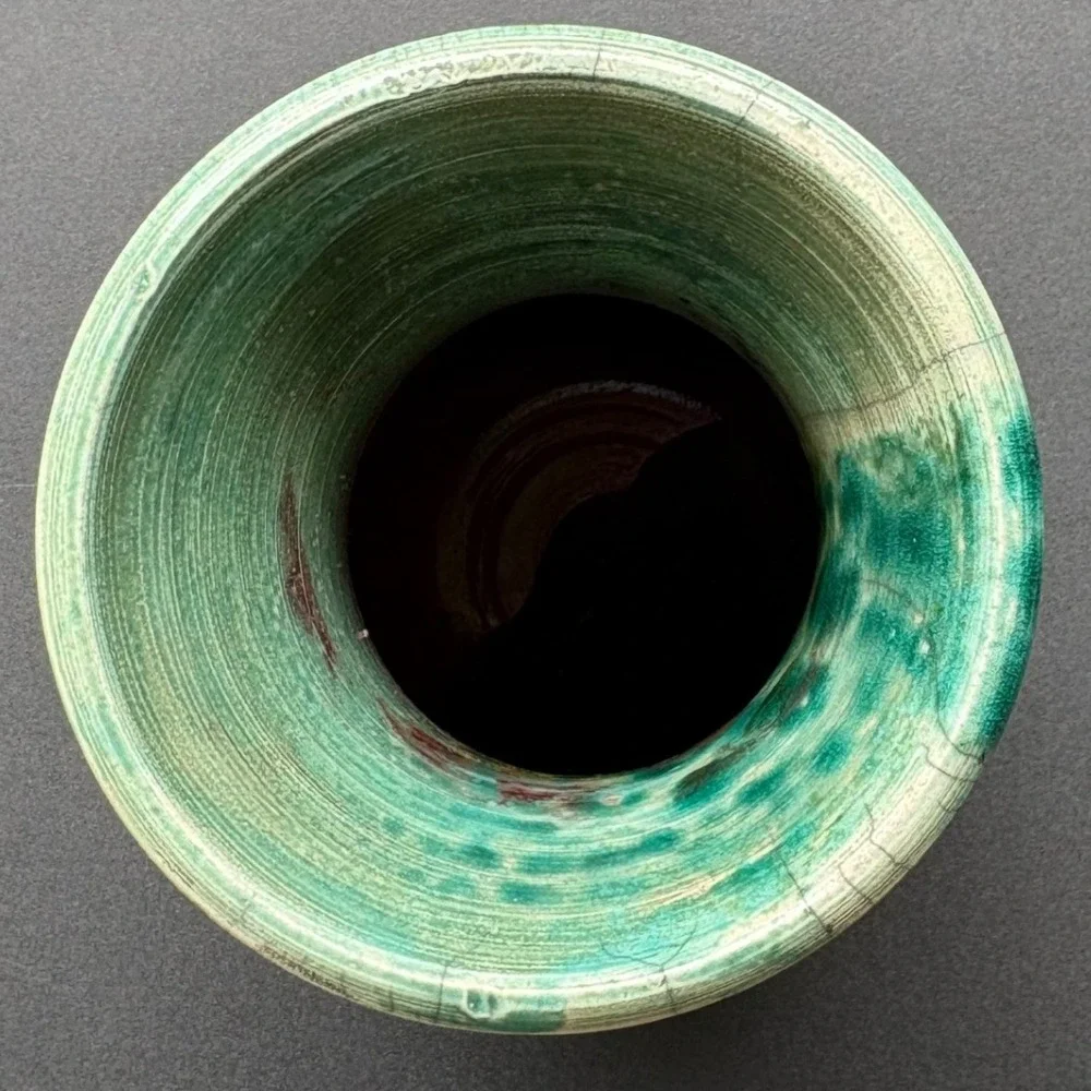 Vintage Gussman Signed Studio Pottery Raku Vase Iridescent Copper Turquoise